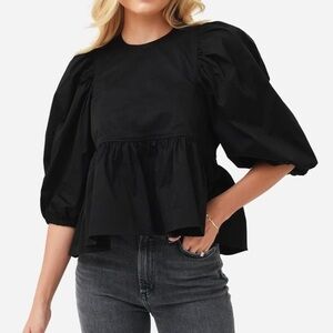 Hunter Bell Harlow Black Puff Sleeve Peplum Top Size M MISSING BUTTON
